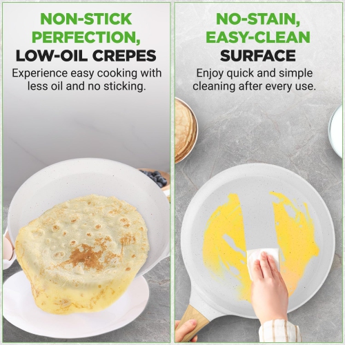 NutriChef 11” Non-Stick Crepe Pan with Wooden Spreader, Durable Marble Coated Dosa Pan, Bakelite And Wood Handle With Induction Bottom,