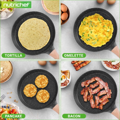 NutriChef 9.45” Non-Stick Crepe Pan with Wooden Spreader, Durable Marble Coated Dosa Pan, Bakelite Handle and Induction Bottom, PFOA/PFOS Free,