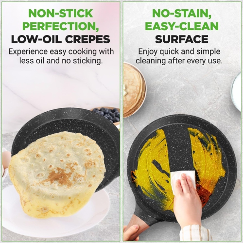 NutriChef 9.45” Non-Stick Crepe Pan with Wooden Spreader, Durable Marble Coated Dosa Pan, Bakelite Handle and Induction Bottom, PFOA/PFOS Free,