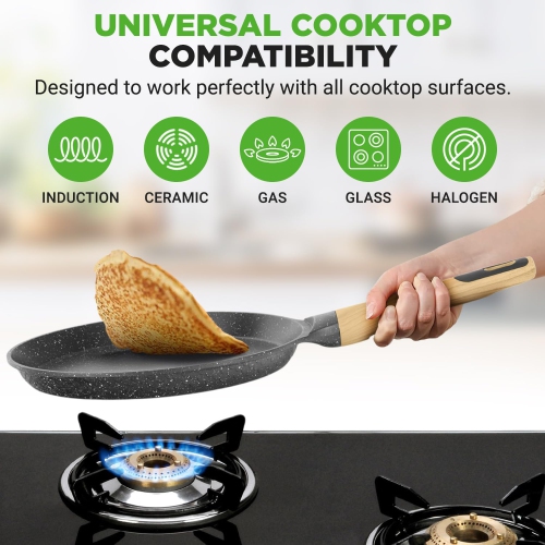 NutriChef 11” Non-Stick Crepe Pan with Wooden Spreader, Durable Marble Coated Dosa Pan, Bakelite And Wood Handle With Induction Bottom,
