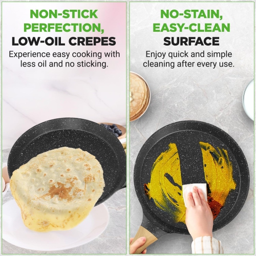 NutriChef 11” Non-Stick Crepe Pan with Wooden Spreader, Durable Marble Coated Dosa Pan, Bakelite And Wood Handle With Induction Bottom,