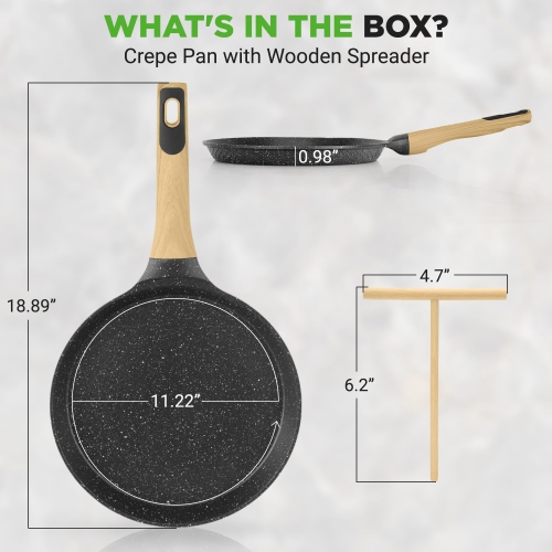 NutriChef 11” Non-Stick Crepe Pan with Wooden Spreader, Durable Marble Coated Dosa Pan, Bakelite And Wood Handle With Induction Bottom,