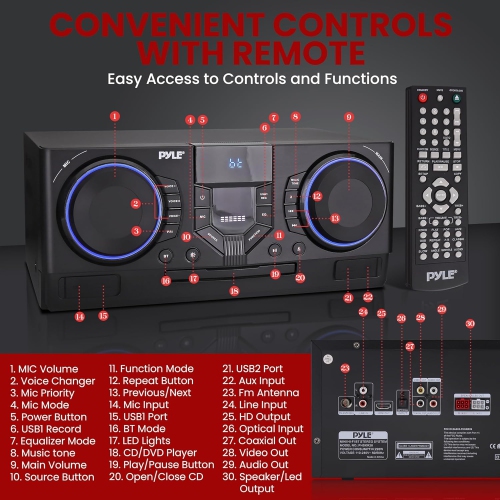 Chaîne stéréo CD PYLE avec Bluetooth, lecture MP3/DVD/CD, lecteur CD à deux ports USB avec haut-parleurs, minichaîne stéréo noire avec haut-parleur