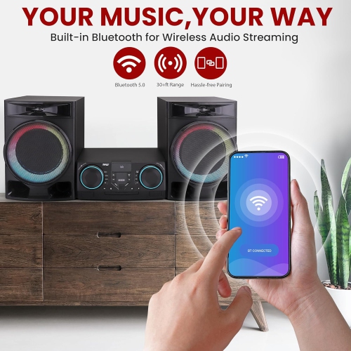 Chaîne stéréo CD PYLE avec Bluetooth, lecture MP3/DVD/CD, lecteur CD à deux ports USB avec haut-parleurs, minichaîne stéréo noire avec haut-parleur