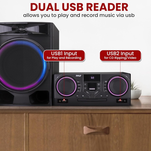 Chaîne stéréo CD PYLE avec Bluetooth, lecture MP3/DVD/CD, lecteur CD à deux ports USB avec haut-parleurs, minichaîne stéréo noire avec haut-parleur