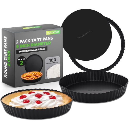 Moules à tarte ronds NutriChef 2 | Plateaux à tarte en acier au carbone de 9&nbsp;po avec base amovible | Distribution de chaleur antiadhésive et