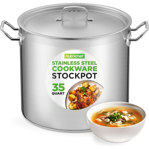 NUTRICHEF  Stainless Steel Cookware Stockpot, 35 Quart Heavy Duty Induction Soup Pot \w Stainless Steel Lid And Strong Riveted Handles, Even Heat