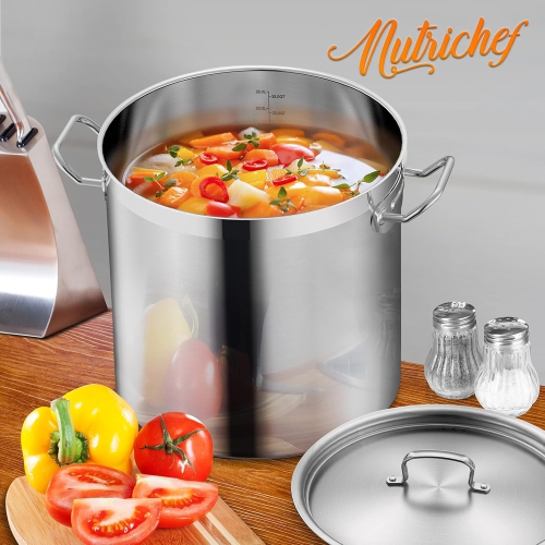 Nutrichef Stainless Steel Cookware Stockpot, 35 Quart Heavy Duty Induction Soup Pot With Stainless Steel Lid And Strong Riveted Handles, Even Heat