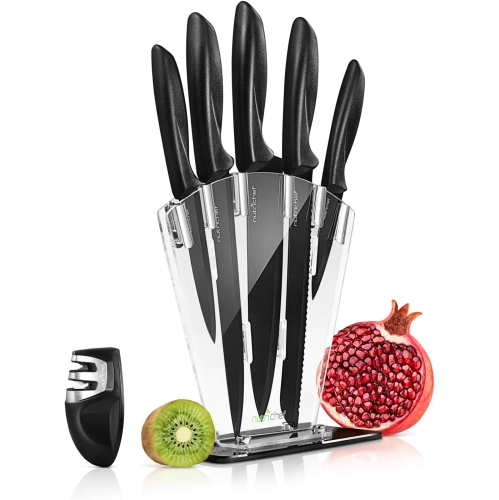 NutriChef 7 Piece Kitchen Knife Set - Stainless Steel Kitchen Precision Knives Set w/ 5 Knives & Bonus Sharpener, Acrylic Block Stand - Cutting