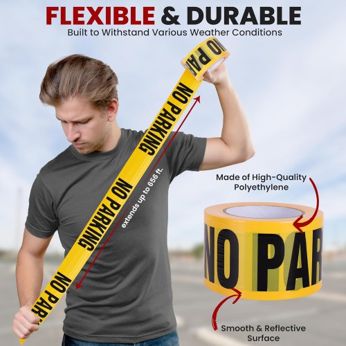 pyle 8 Pieces Safety Yellow No Parking Barricade Tape Set - 656 Foot Long Tape Roll Suitable for a Wide Range of Applications, Including Roadworks,