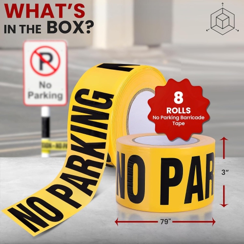 pyle 8 Pieces Safety Yellow No Parking Barricade Tape Set - 656 Foot Long Tape Roll Suitable for a Wide Range of Applications, Including Roadworks,