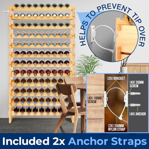 NutriChef Bamboo Stackable Wine Rack, 12-Tier 108 Bottle Capacity Free Standing Floor, No Tools Assembly, Modular Storage Display Shelf for Kitchen