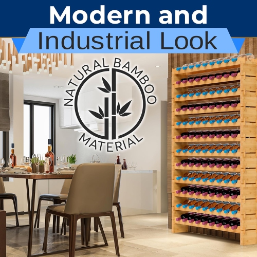 NutriChef Bamboo Stackable Wine Rack, 12-Tier 108 Bottle Capacity Free Standing Floor, No Tools Assembly, Modular Storage Display Shelf for Kitchen