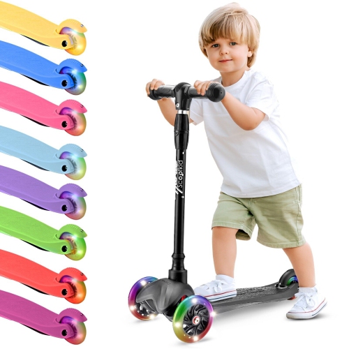 Hurtle Mini Kickboard Scooter for Kids - Height Adjustable 25''-28'', Lightweight 3-Wheel Toddler Scooter with LED Light-up Wheels,