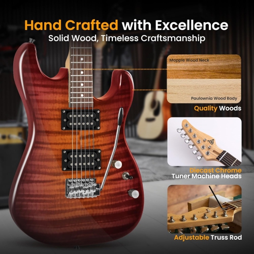 Pyle Electric Guitar Kit with Amp, Full Size Instrument with Humbucker Pickups, Guitarra Electrica Amplifier and Beginner Bundle Accessories, 39" Red