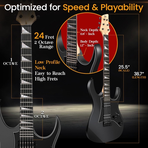 Pyle Prog Rock EG Series Electric Guitar with Amp Kit, 39" Full Size with Dual Humbucker Pickups, Low Profile Neck and Solid Paulownia Body, Premium