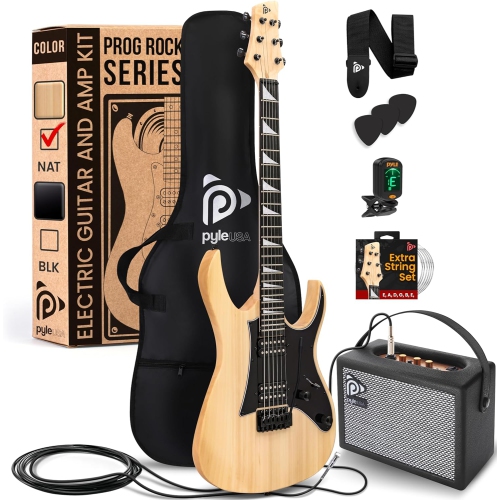 Pyle Prog Rock EG Series Electric Guitar with Amp Kit, 39" Full Size with Dual Humbucker Pickups, Low Profile Neck and Solid Paulownia Body, Premium