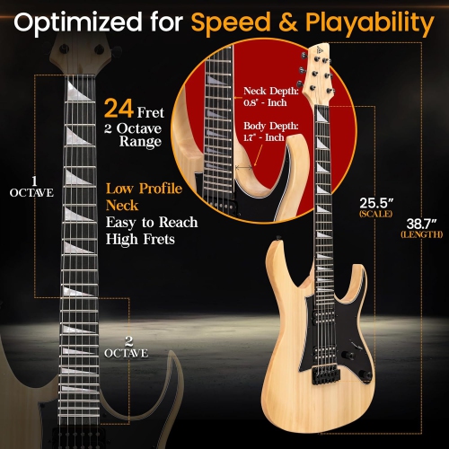 Pyle Prog Rock EG Series Electric Guitar with Amp Kit, 39" Full Size with Dual Humbucker Pickups, Low Profile Neck and Solid Paulownia Body, Premium