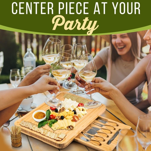 Ensemble plateau à fromage en bambou naturel de NutriChef avec tasse à condiments en prime – Très grande assiette en bois 100 % biologique Home et