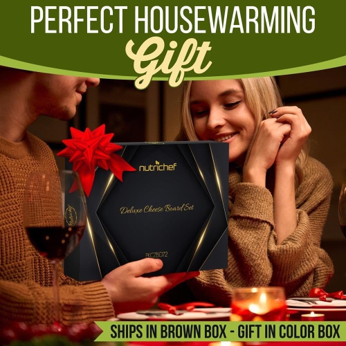 NutriChef Bamboo Natural Cheese Board Set with Bonus Condiment Cup-Extra Large Size 100% Home Organic Wooden Plate and Charcuterie Tray with 4 pcs