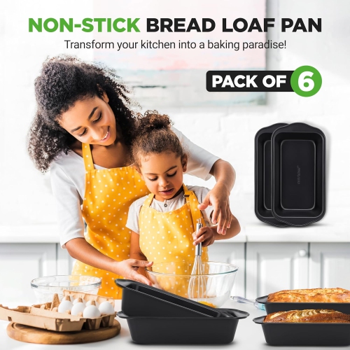 NutriChef Loaf Pans Set of 6 | Non-Stick Premium Bread Pans Quick & Even Heat Distribution | Oven Safe To 450 F | No PFOA, PFOS & PTFE | Food Grade