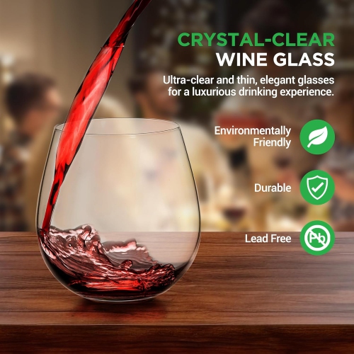 NutriChef 15oz Stemless Wine Glasses - Set of 4 Ultra Thin Elegant Red & White Wine Clear Crystal Glass Drinkware, Lead-Free, Hand Blown Seamless