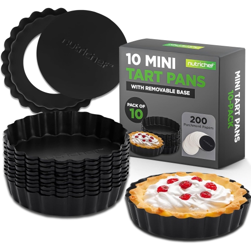 NutriChef Mini Tart Pans 10 Nonstick Molds With Removable Bottoms | 4 Inch Heavy Duty Steel Quiche Pans | Oven & Dishwasher Safe | Fluted Sides for