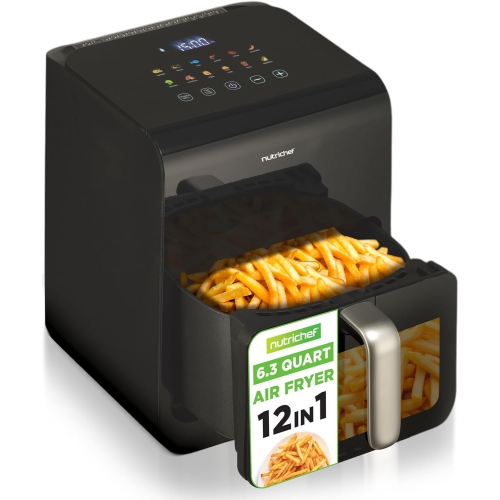 Nutrichef 6.3 QT Electric Air Fryer | 12-1 Preset Cooking Functions | Includes New Tenderizing Function | Digital Display | Transparent Window For