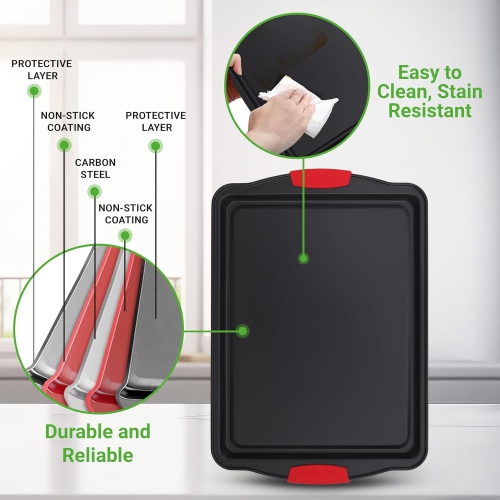 NutriChef 3-Piece Large Nonstick Cookie Sheets for Baking | Premium Food-Grade Carbon Steel, Non-Stick Tray Set with Silicone Handles, Oven Safe up