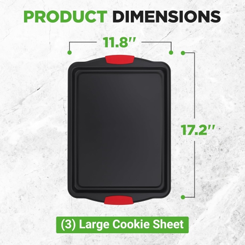 NutriChef 3-Piece Large Nonstick Cookie Sheets for Baking | Premium Food-Grade Carbon Steel, Non-Stick Tray Set with Silicone Handles, Oven Safe up