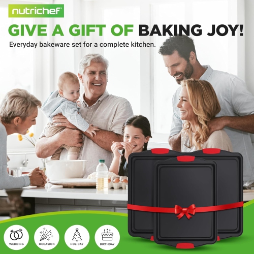 NutriChef 3-Piece Large Nonstick Cookie Sheets for Baking | Premium Food-Grade Carbon Steel, Non-Stick Tray Set with Silicone Handles, Oven Safe up