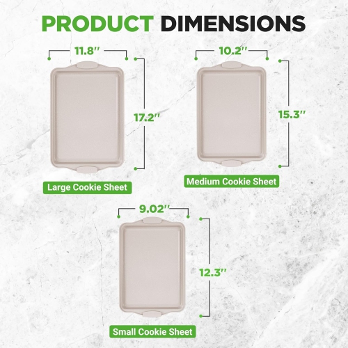 NutriChef 3 Piece Nonstick Cookie Sheets for Baking - Premium Carbon Steel Baking Pans with White Silicone Handles - Even Heat Distribution,