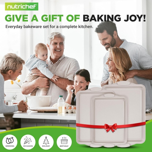 NutriChef 3 Piece Nonstick Cookie Sheets for Baking - Premium Carbon Steel Baking Pans with White Silicone Handles - Even Heat Distribution,