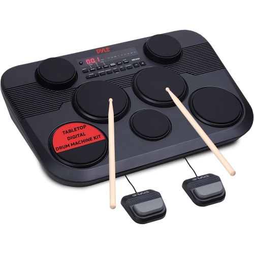 PYLE  Electronic Tabletop Digital Drum Set, Compact Portable Drum Pad Kit W/ 7 Touch Sensitive Drum Pads And Pedals, 273 Sounds, USB & Headphone