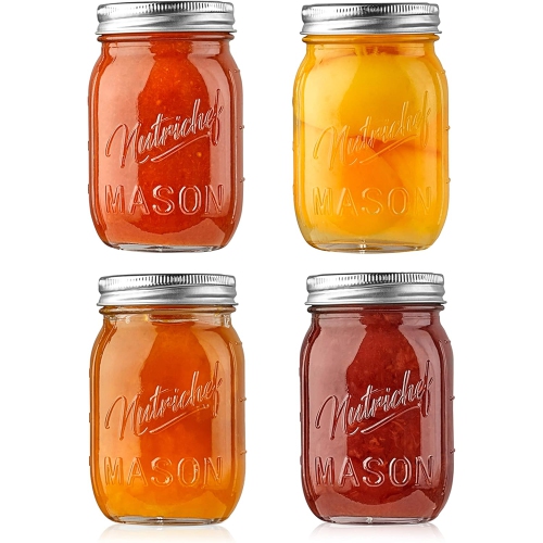 NutriChef 4-Pack 16 oz Mason Jars with Lids - Thick Glass Canning Jars with Stainless Steel Lids - Ideal for DIY Spices, Meal Prep, Overnight Oats,