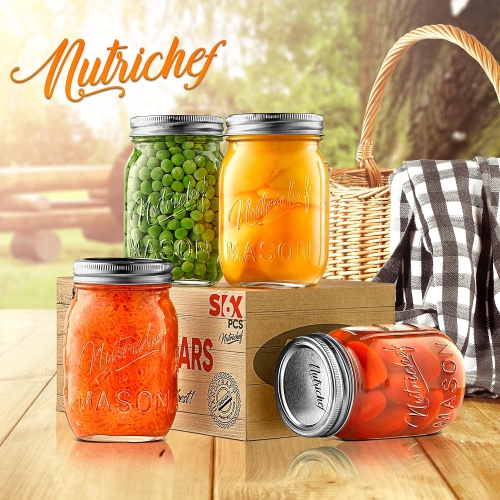 NutriChef 4-Pack 16 oz Mason Jars with Lids - Thick Glass Canning Jars with Stainless Steel Lids - Ideal for DIY Spices, Meal Prep, Overnight Oats,