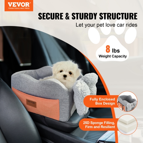 VEVOR Console Dog Car Seat, Center Console Dog Booster Seat for Small Dog, Pet Car Seat for Car Armrest with Clip-On Leash, Adjustable Straps,