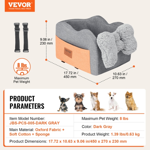 VEVOR Console Dog Car Seat, Center Console Dog Booster Seat for Small Dog, Pet Car Seat for Car Armrest with Clip-On Leash, Adjustable Straps,