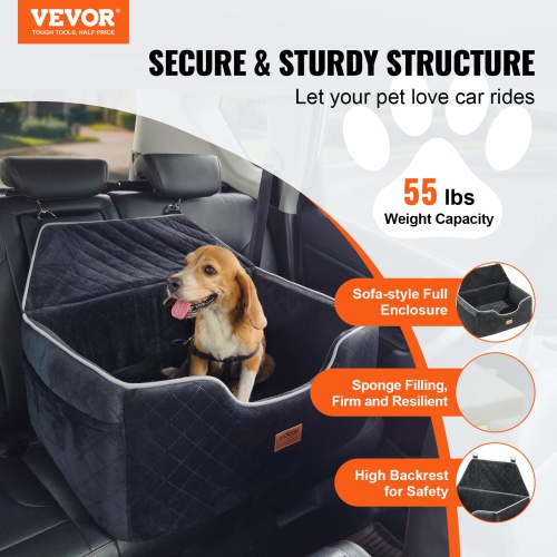 VEVOR Dog Car Seat, Dog Booster Seat for Car with A Storage Pocket, Pet Car Seat with Clip-On Safety Leash, Sponge Filling, Dog Car Bed for Medium &