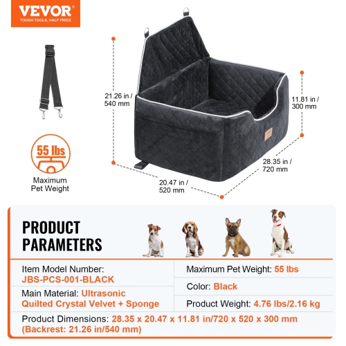 VEVOR Dog Car Seat, Dog Booster Seat for Car with A Storage Pocket, Pet Car Seat with Clip-On Safety Leash, Sponge Filling, Dog Car Bed for Medium &