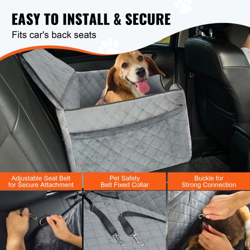 VEVOR Dog Car Seat, Dog Booster Seat for Car with A Storage Pocket, Pet Car Seat with Clip-On Safety Leash, Sponge Filling, Dog Car Bed for Medium &