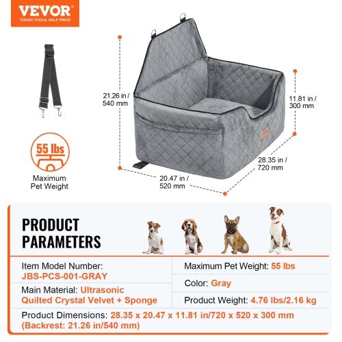 VEVOR Dog Car Seat, Dog Booster Seat for Car with A Storage Pocket, Pet Car Seat with Clip-On Safety Leash, Sponge Filling, Dog Car Bed for Medium &