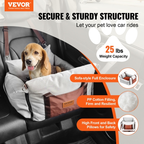 VEVOR Dog Car Seat, Waterproof Dog Booster Seat for Car with Side Handles and A Storage Pocket, Clip-On Safety Leash and PP Cotton Filling, Car Bed