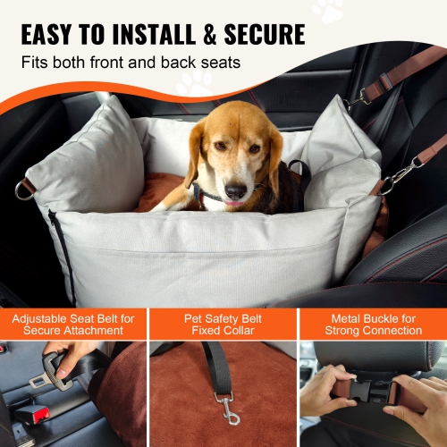 VEVOR Dog Car Seat, Waterproof Dog Booster Seat for Car with Side Handles and A Storage Pocket, Clip-On Safety Leash and PP Cotton Filling, Car Bed