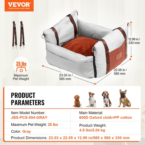 VEVOR Dog Car Seat, Waterproof Dog Booster Seat for Car with Side Handles and A Storage Pocket, Clip-On Safety Leash and PP Cotton Filling, Car Bed