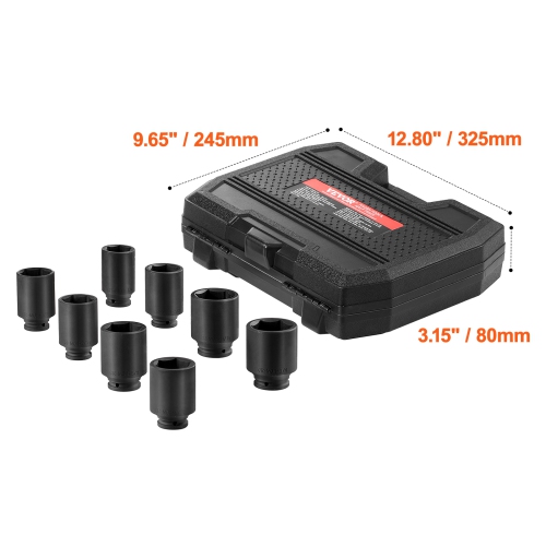 VEVOR Axle Nut Impact Socket Set, 1/2" Drive Deep 12-Point 8-Piece Metric Spindle Nut Socket Set, CR-MO Heat Treated Socket Set with Storage Case,