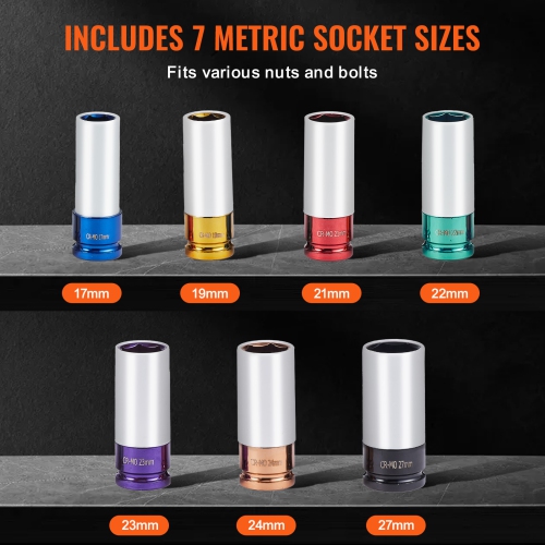 VEVOR Lug Nut Impact Socket Set, 1/2 inch Drive Metric 6-Point Deep Socket Set, 7 Total Lug Nut Sizes 17/19/21/22/23/24/27mm, CR-MO Steel Wheel