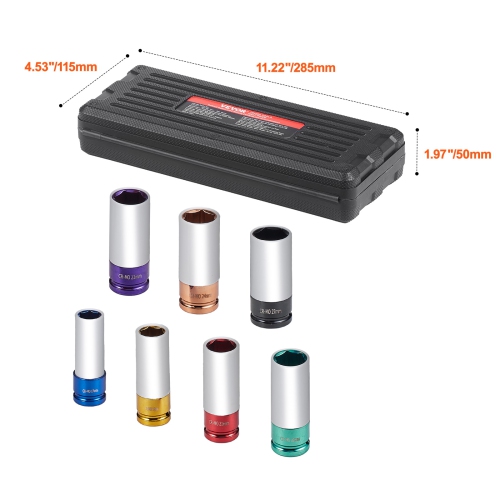 VEVOR Lug Nut Impact Socket Set, 1/2 inch Drive Metric 6-Point Deep Socket Set, 7 Total Lug Nut Sizes 17/19/21/22/23/24/27mm, CR-MO Steel Wheel