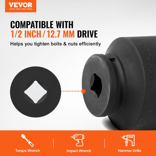 VEVOR Axle Nut Impact Socket Set, 1/2" Drive 6-Point 4-Piece SAE Spindle Nut Socket Set, CR-MO Heat Treated Large Socket Set with Storage Case,