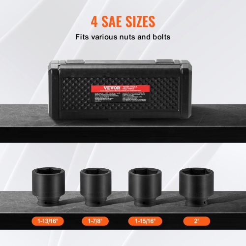 VEVOR Axle Nut Impact Socket Set, 1/2" Drive 6-Point 4-Piece SAE Spindle Nut Socket Set, CR-MO Heat Treated Large Socket Set with Storage Case,